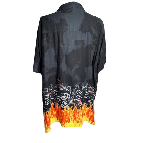 Vintage 90s Button Up Short Sleeve Club Shirt 2XLT Black Flames Dragon Pocket - Picture 5 of 7